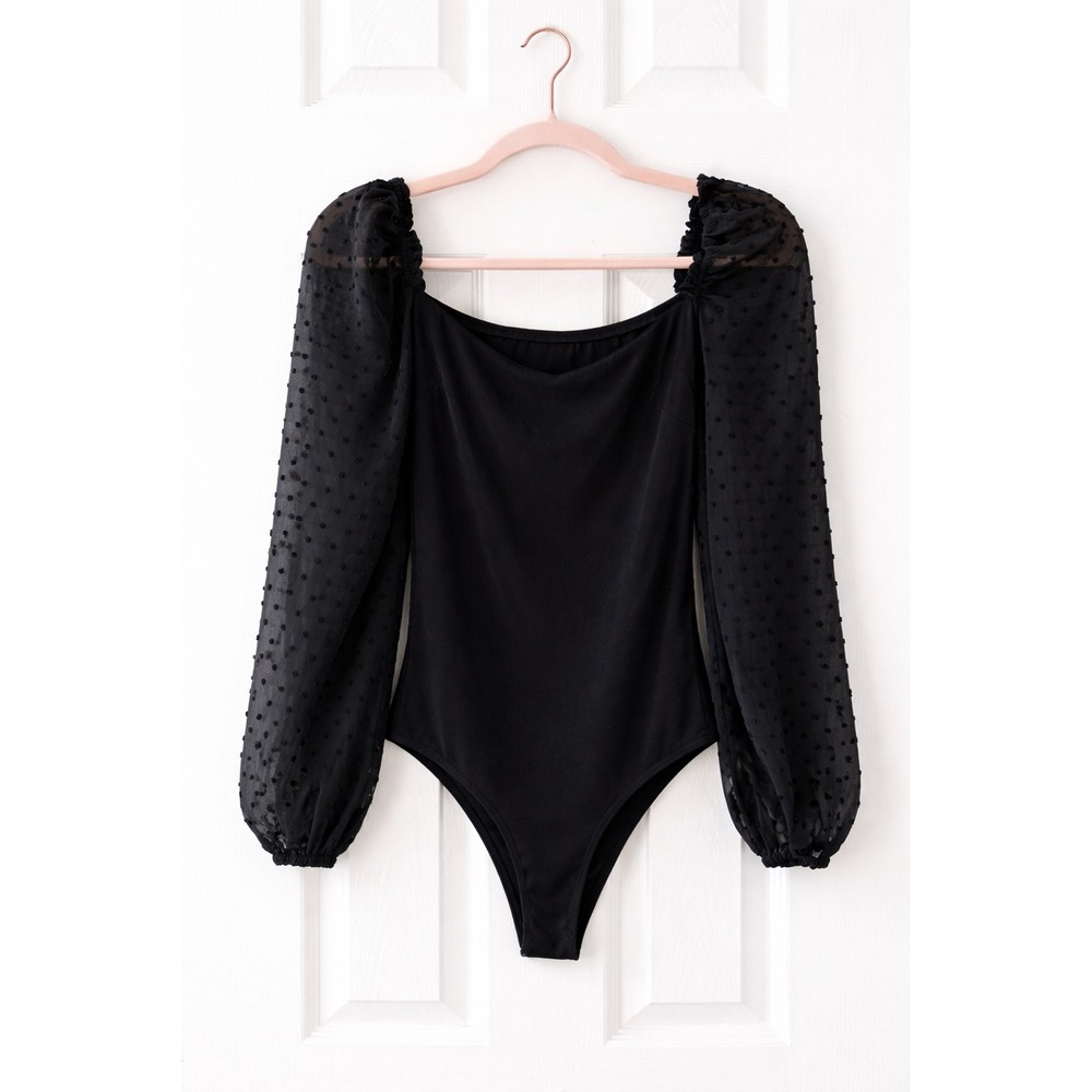 Lilou Black Swiss Dot Puff Sleeve Sheer Chiffon Bodysuit Size M